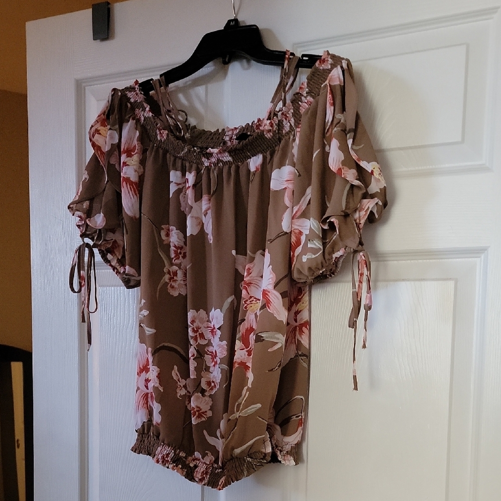 New York & Company Brown Smocked Ruffled Blouse
